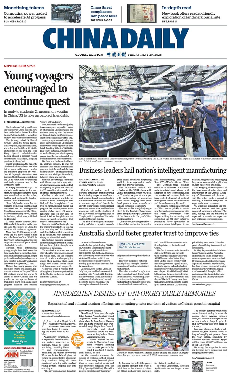 Prima pagina China Daily Global Edition (USA) di oggi - Edicola 29 Maggio 2026
