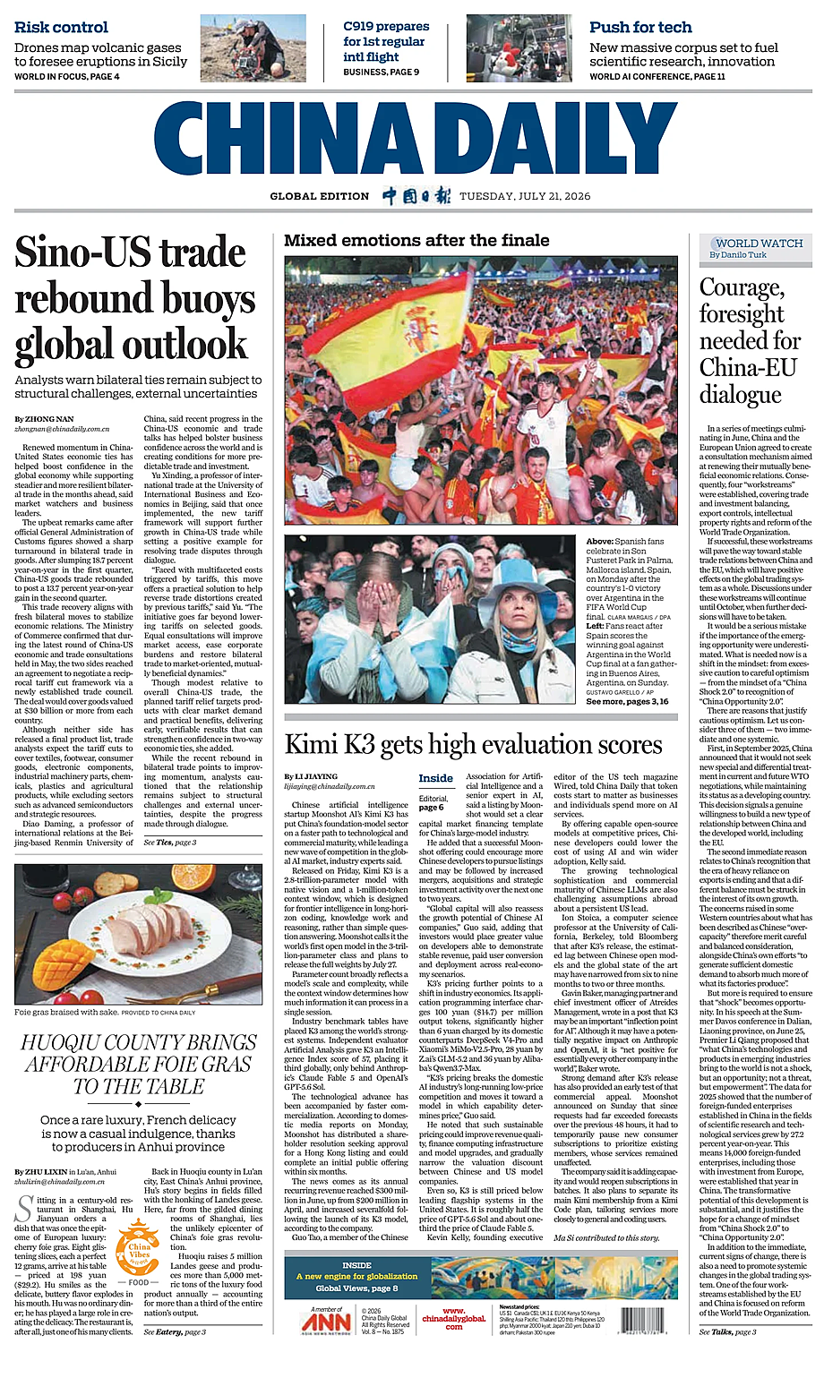 Prima pagina China Daily Global Edition (USA) di oggi - Edicola 21 Luglio 2026