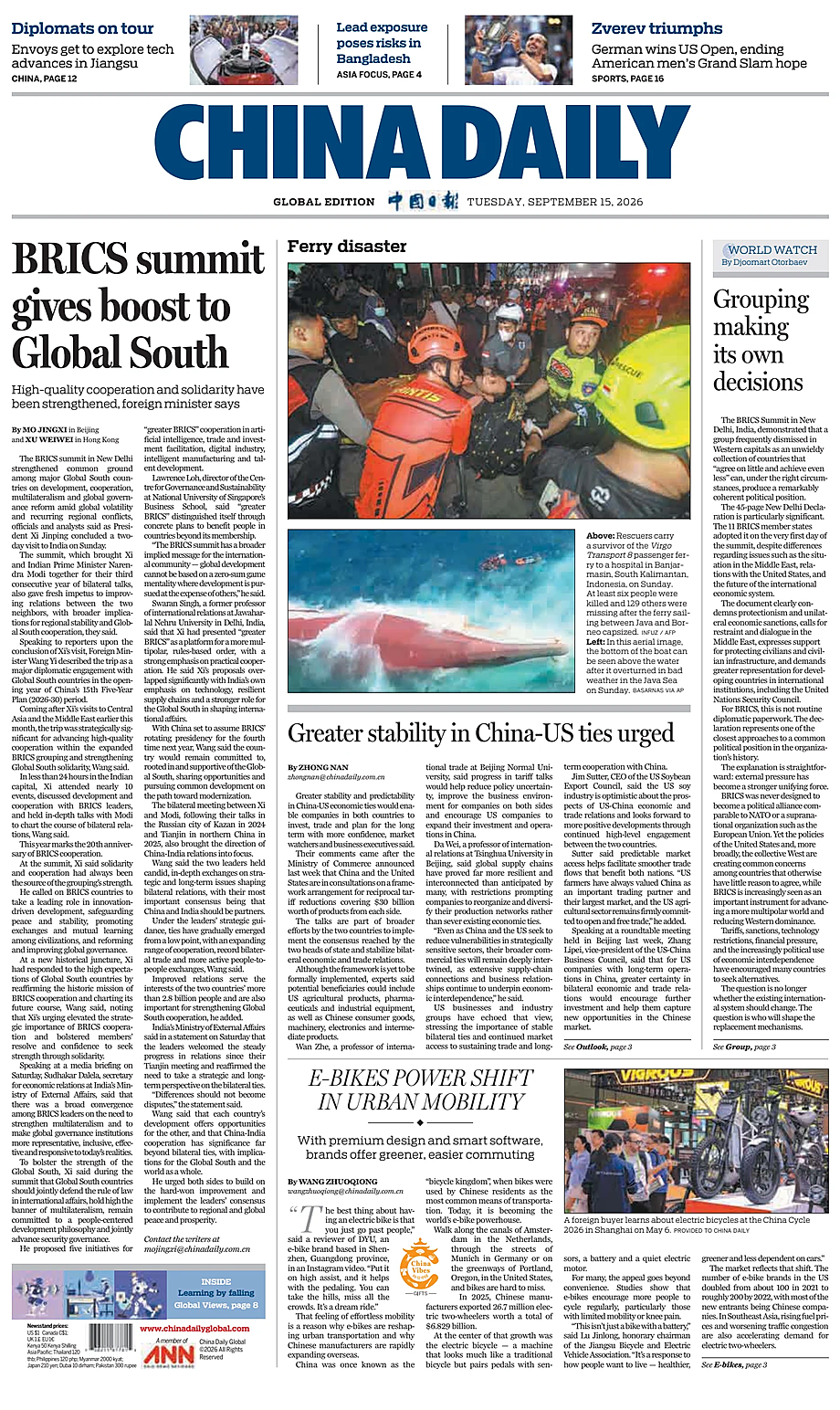 Portada China Daily Global Edition (USA) de hoy - Quiosco 15 septiembre 2026