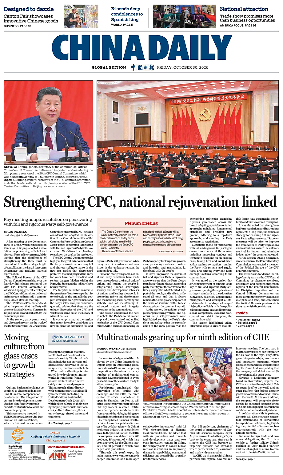 Portada China Daily Global Edition (USA) de hoy - Quiosco 30 octubre 2026