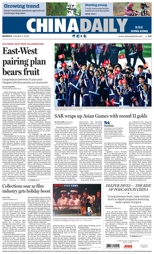Prima pagina China Daily (Hong Kong) di oggi - Quotidiano estero