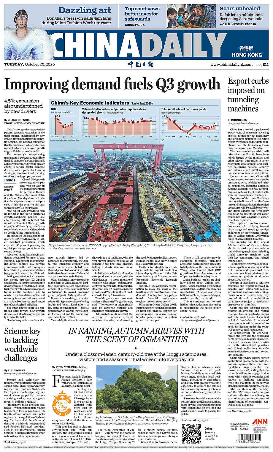 Prima pagina China Daily (Hong Kong) di oggi - Edicola 20 Ottobre 2026