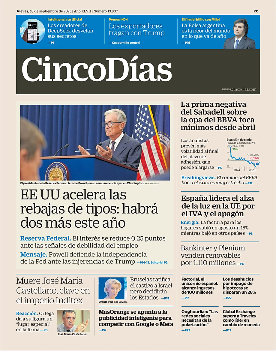 Prima pagina Cinco Días di oggi - Edicola 18 Settembre 2025