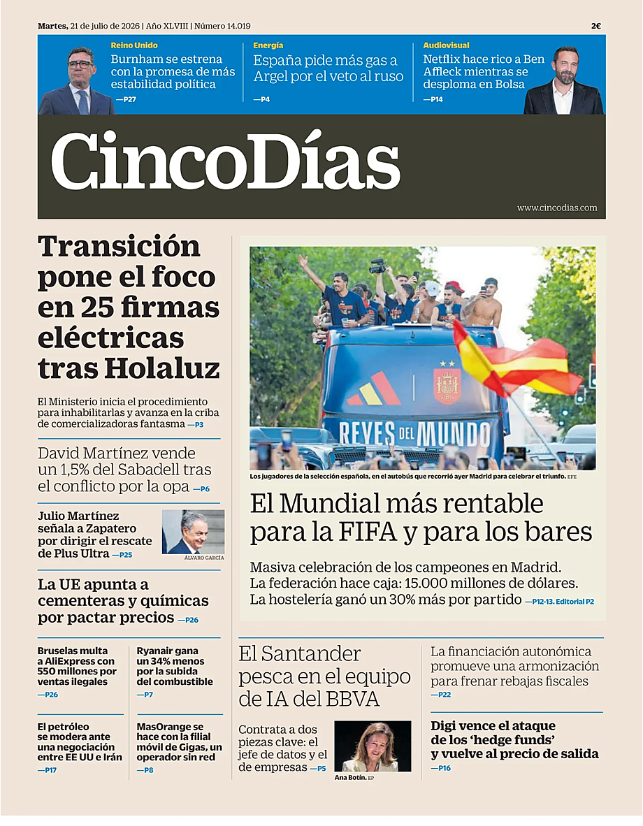 Prima pagina Cinco Días di oggi - Edicola 21 Luglio 2026