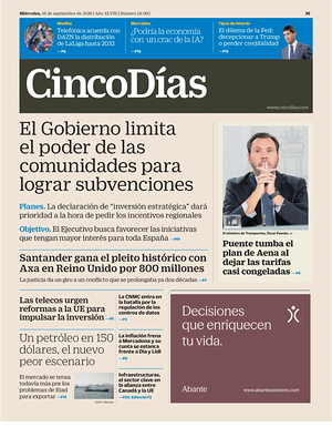 Prima pagina Cinco Días di oggi - Quotidiano finanza