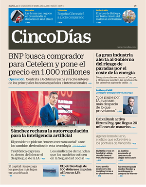 Prima pagina Cinco Días di oggi - Quotidiano finanza