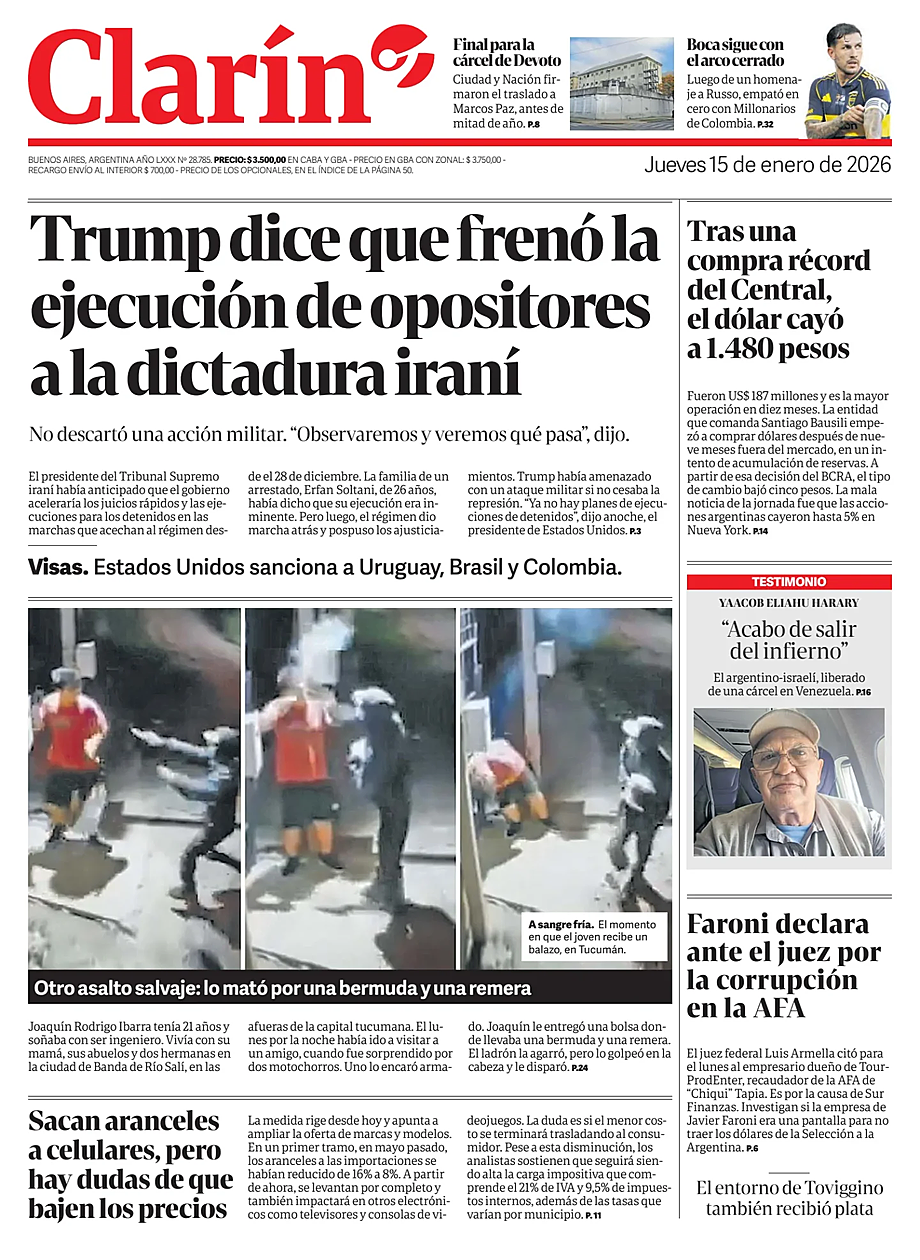 Prima pagina Clarín di oggi - Edicola 15 Gennaio 2026