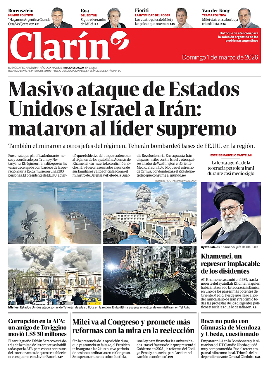 Prima pagina Clarín di oggi - Edicola 1 Marzo 2026