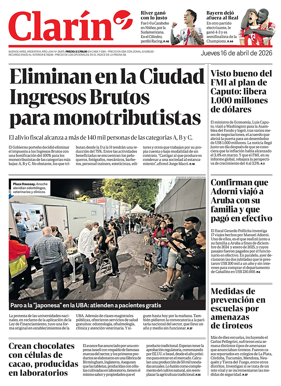 Prima pagina Clarín di oggi - Edicola 16 Aprile 2026