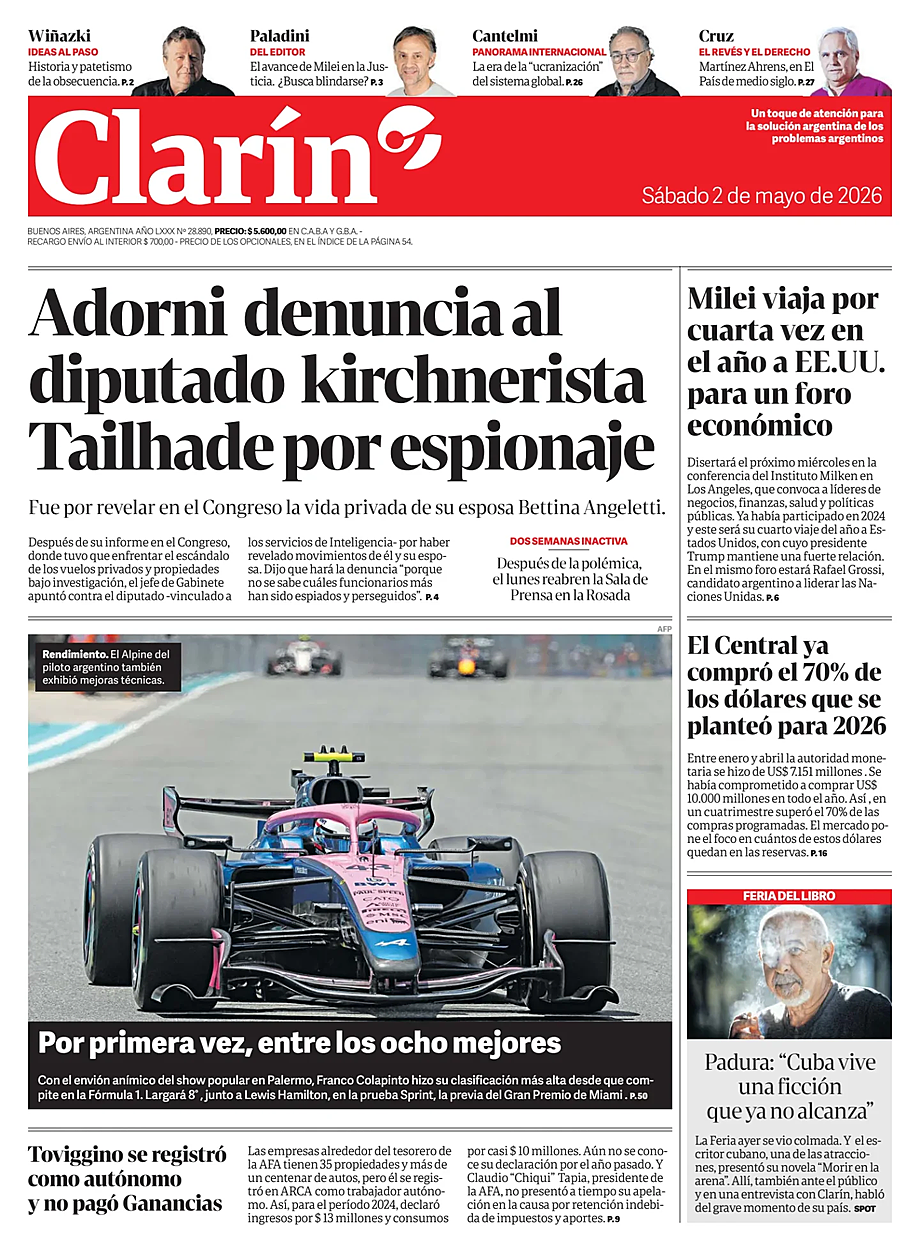 Portada Clarín de hoy - Quiosco 2 mayo 2026