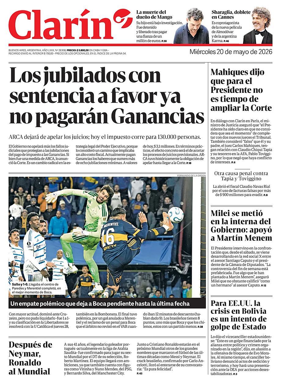 Portada Clarín de hoy - Quiosco 20 mayo 2026