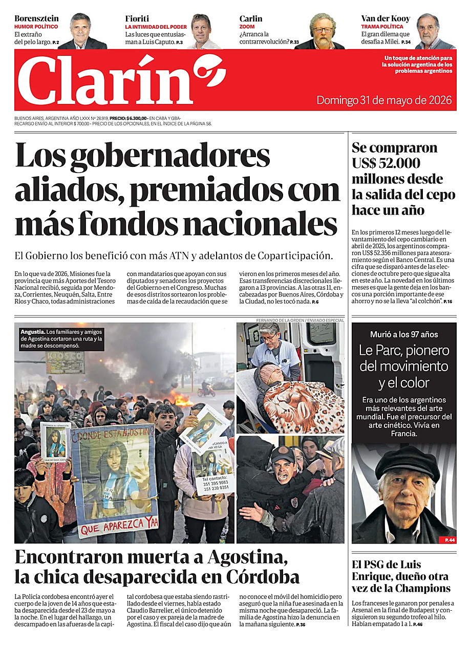 Prima pagina Clarín di oggi - Edicola 31 Maggio 2026