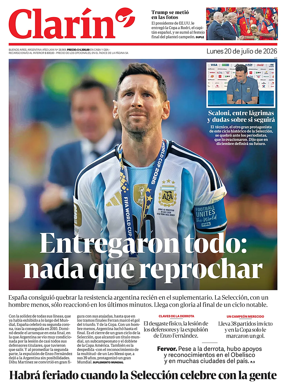 Prima pagina Clarín di oggi - Edicola 20 Luglio 2026