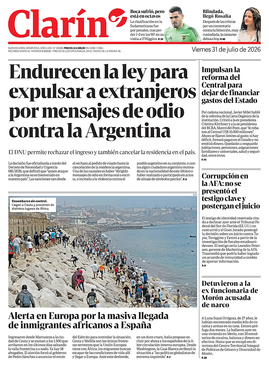 Portada Clarín de hoy - Quiosco 31 julio 2026