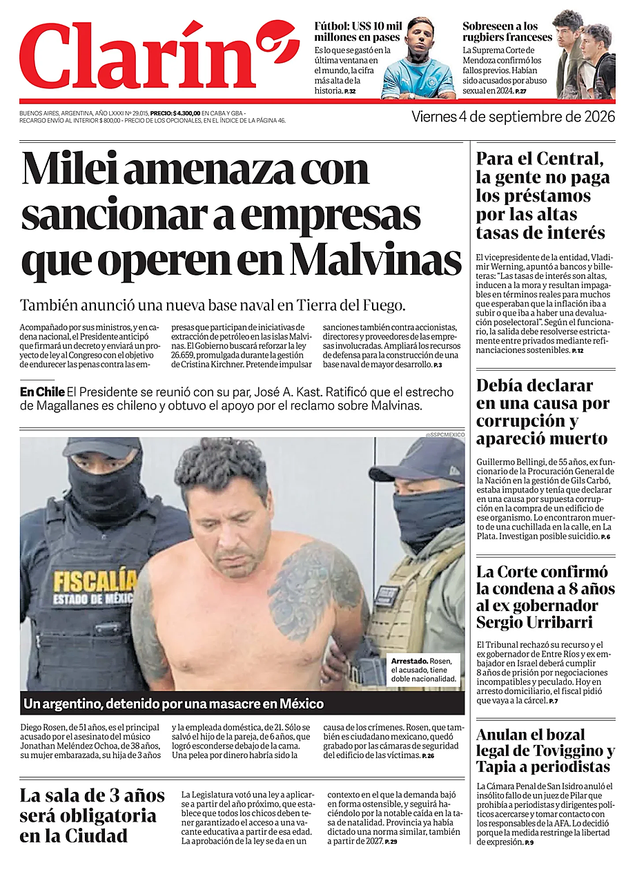 Prima pagina Clarín di oggi - Edicola 4 Settembre 2026