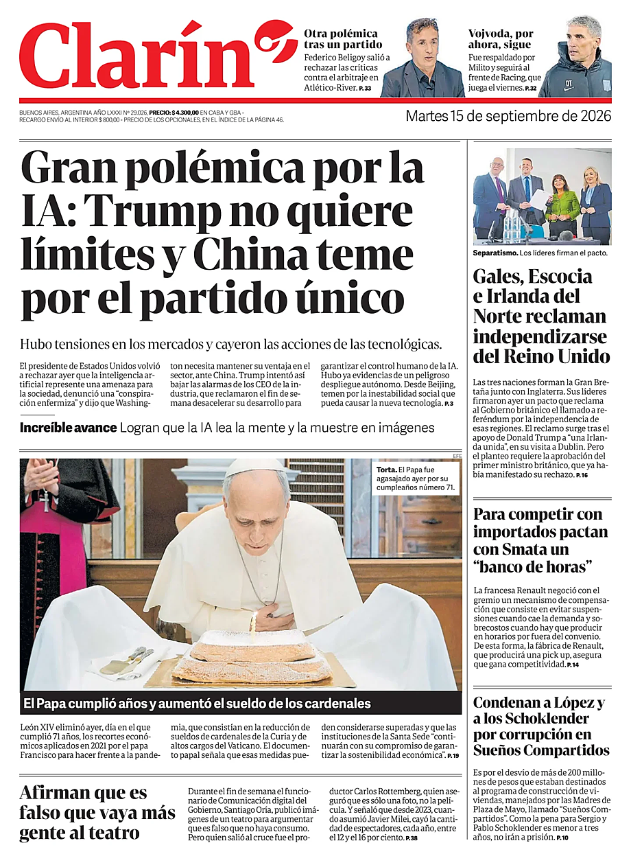 Portada Clarín de hoy - Quiosco 15 septiembre 2026