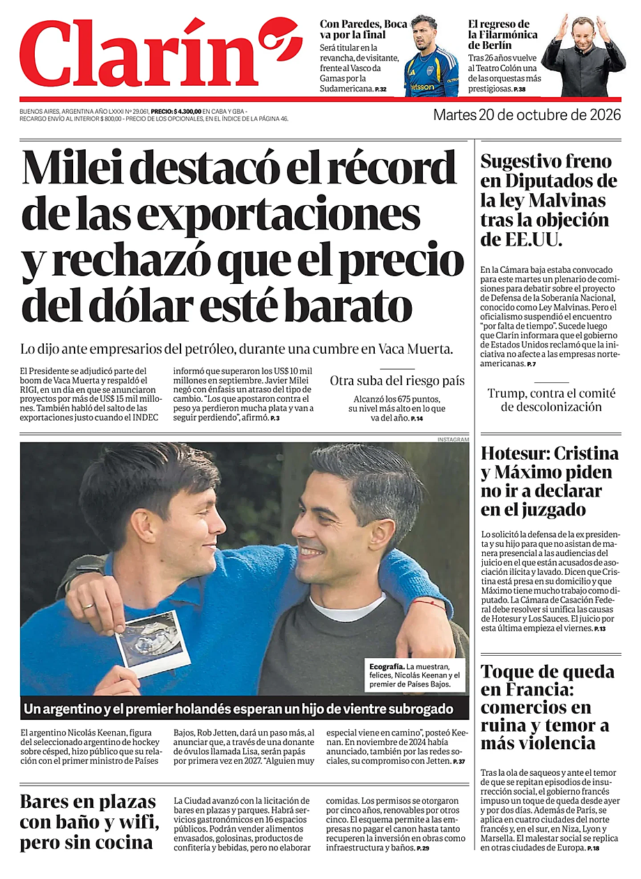 Prima pagina Clarín di oggi - Edicola 20 Ottobre 2026