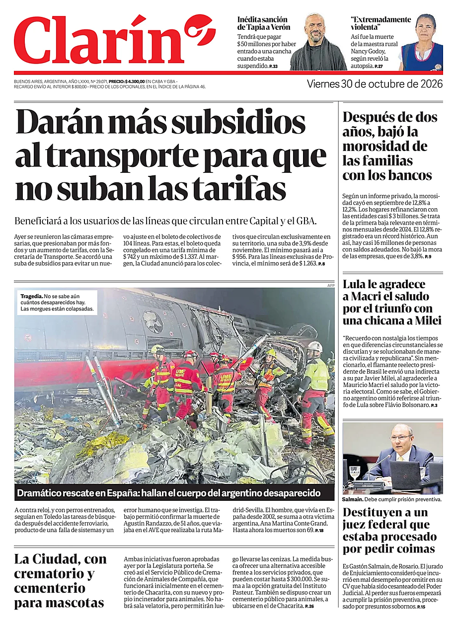 Portada Clarín de hoy - Quiosco 30 octubre 2026