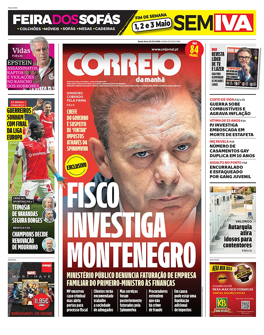 Capa de Correio da Manhã de hoje - Imprensa 1 Maio 2026