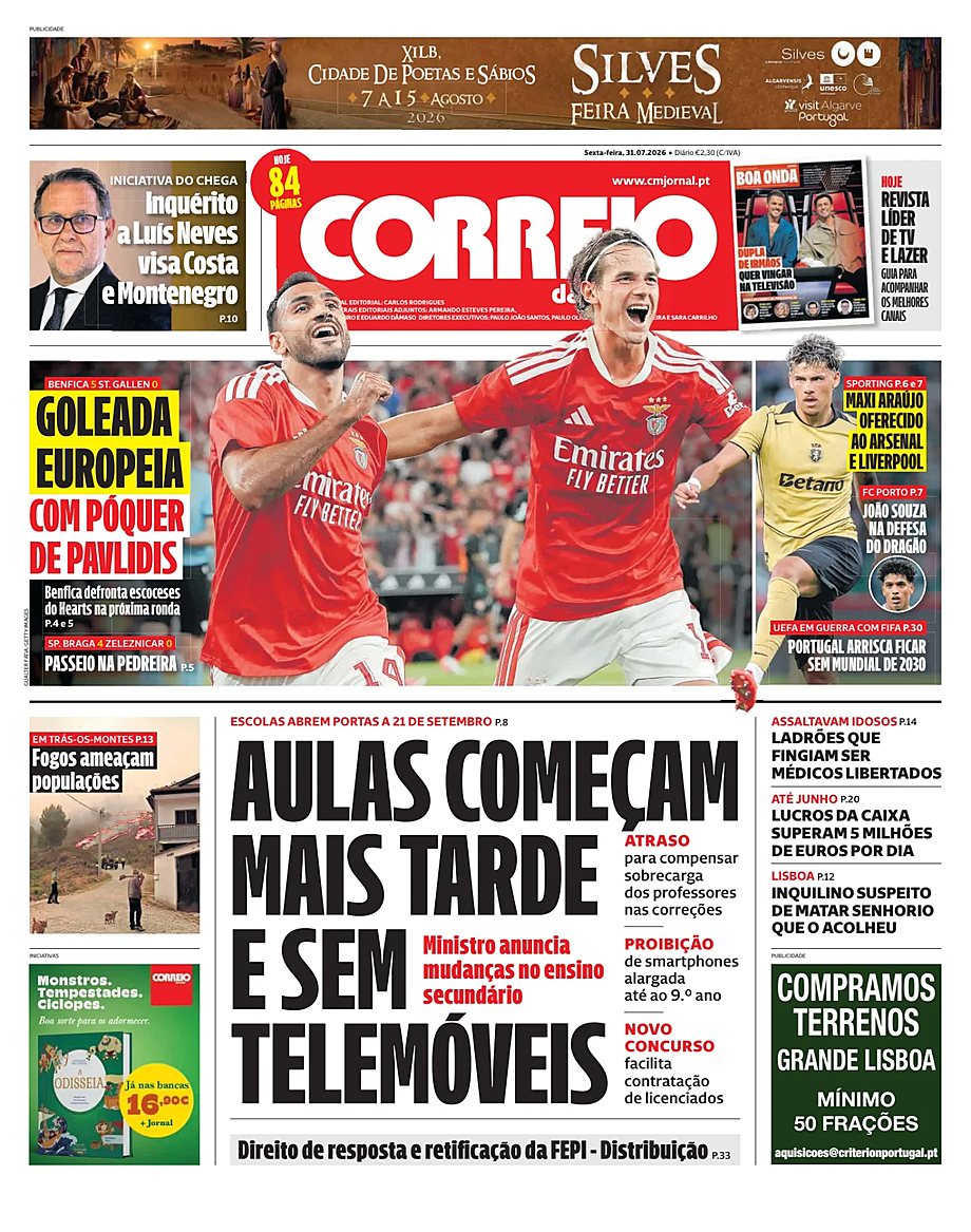Capa de Correio da Manhã de hoje - Imprensa 31 Julho 2026