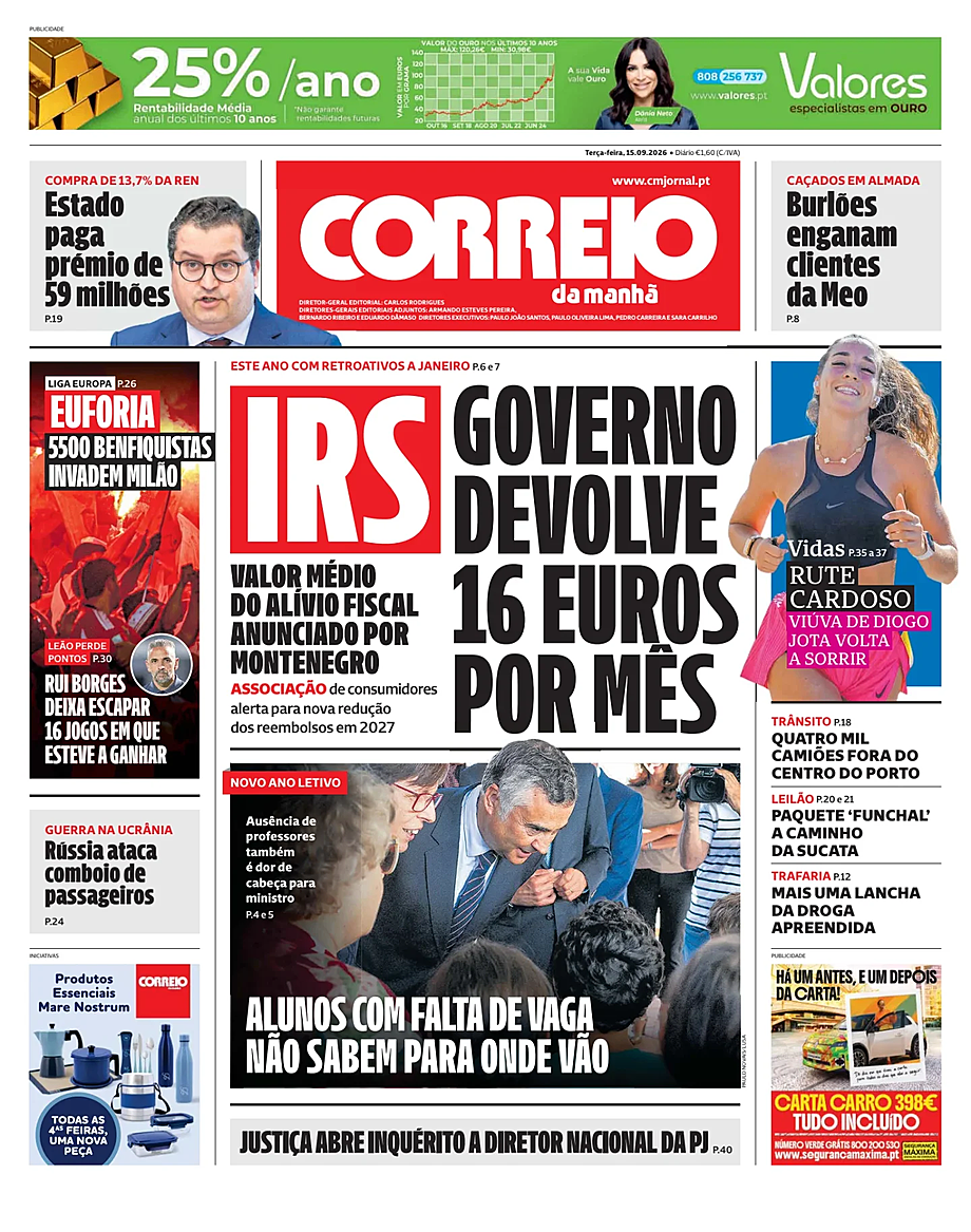 Capa de Correio da Manhã de hoje - Imprensa 15 Setembro 2026
