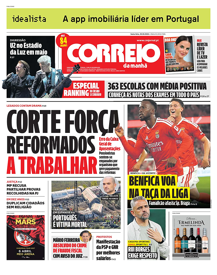 Capa de Correio da Manhã de hoje - Imprensa 30 Outubro 2026