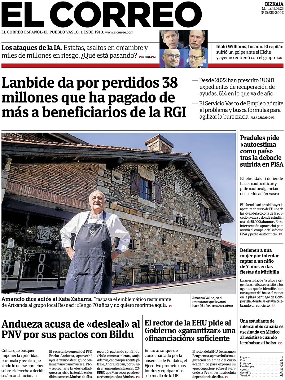 Portada El Correo de hoy - Quiosco 15 septiembre 2026