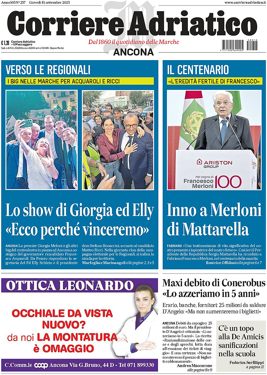 Prima pagina Corriere Adriatico (Ancona) di oggi - Edicola 18 Settembre 2025