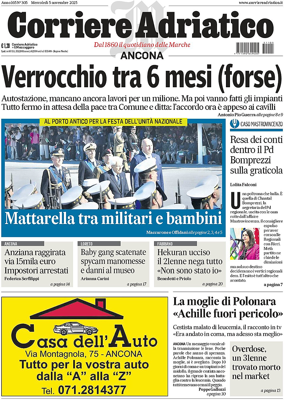 Prima pagina Corriere Adriatico (Ancona) di oggi - Edicola 5 Novembre 2025