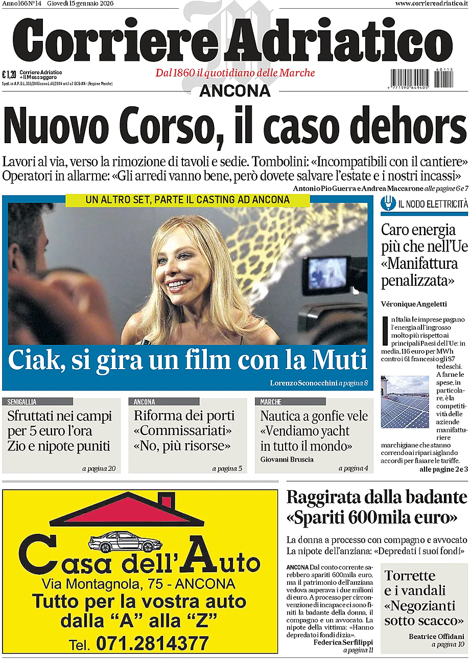 Prima pagina Corriere Adriatico (Ancona) di oggi - Edicola 15 Gennaio 2026