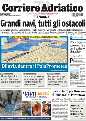 Prima pagina Corriere Adriatico (Ancona) di oggi - Quotidiano regionale