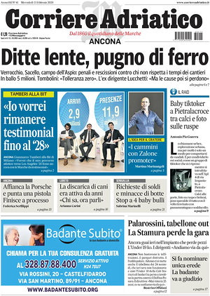 Prima pagina Corriere Adriatico (Ancona) di oggi - Quotidiano regionale