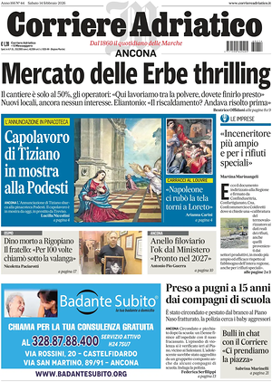 Prima pagina Corriere Adriatico (Ancona) di oggi - Quotidiano regionale