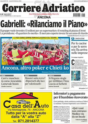 Prima pagina Corriere Adriatico (Ancona) di oggi - Quotidiano regionale