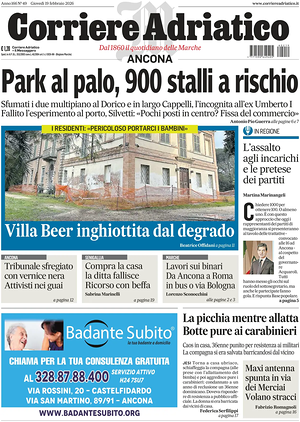 Prima pagina Corriere Adriatico (Ancona) di oggi - Quotidiano regionale