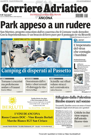 Prima pagina Corriere Adriatico (Ancona) di oggi - Quotidiano regionale