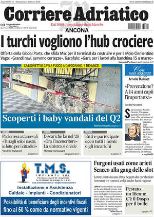 Prima pagina Corriere Adriatico (Ancona) di oggi - Quotidiano regionale