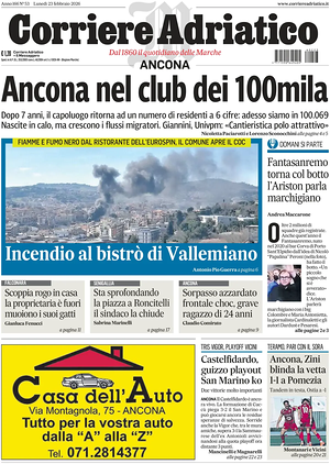 Prima pagina Corriere Adriatico (Ancona) di oggi - Quotidiano regionale