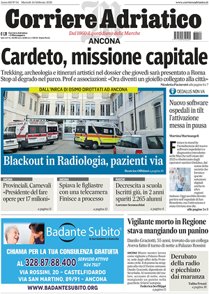 Prima pagina Corriere Adriatico (Ancona) di oggi - Quotidiano regionale