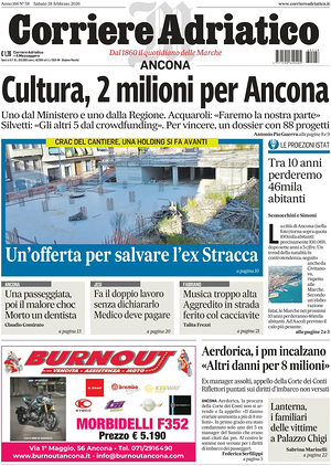 Prima pagina Corriere Adriatico (Ancona) di oggi - Quotidiano regionale