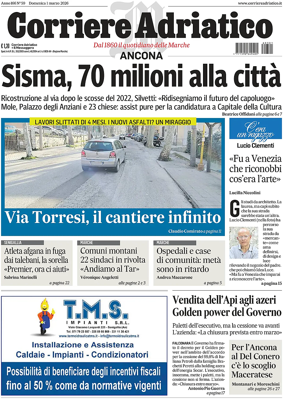 Prima pagina Corriere Adriatico (Ancona) di oggi - Edicola 1 Marzo 2026