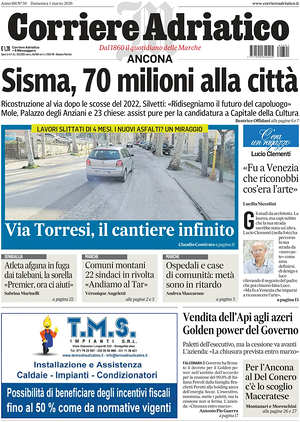 Prima pagina Corriere Adriatico (Ancona) di oggi - Quotidiano regionale