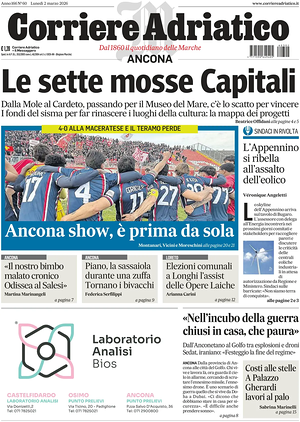 Prima pagina Corriere Adriatico (Ancona) di oggi - Quotidiano regionale