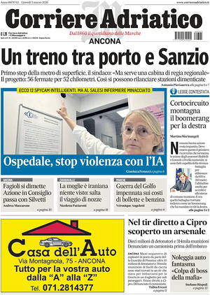 Prima pagina Corriere Adriatico (Ancona) di oggi - Quotidiano regionale