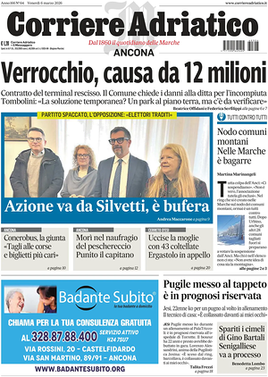 Prima pagina Corriere Adriatico (Ancona) di oggi - Quotidiano regionale