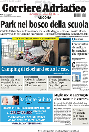 Prima pagina Corriere Adriatico (Ancona) di oggi - Quotidiano regionale