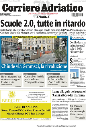 Prima pagina Corriere Adriatico (Ancona) di oggi - Quotidiano regionale