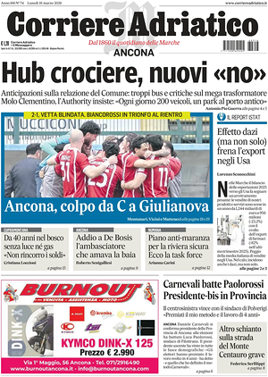 Prima pagina Corriere Adriatico (Ancona) di oggi - Quotidiano regionale