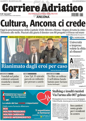 Prima pagina Corriere Adriatico (Ancona) di oggi - Quotidiano regionale