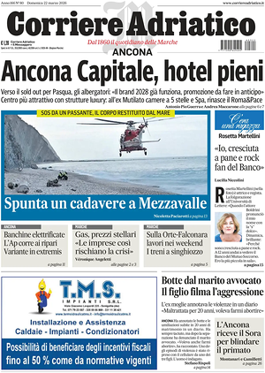 Prima pagina Corriere Adriatico (Ancona) di oggi - Quotidiano regionale